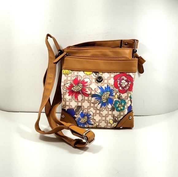Rosetti Floral Canvas Crossbody Bag with Tan Faux Leather Trim – Boho Chic Purse - Picture 2 of 7